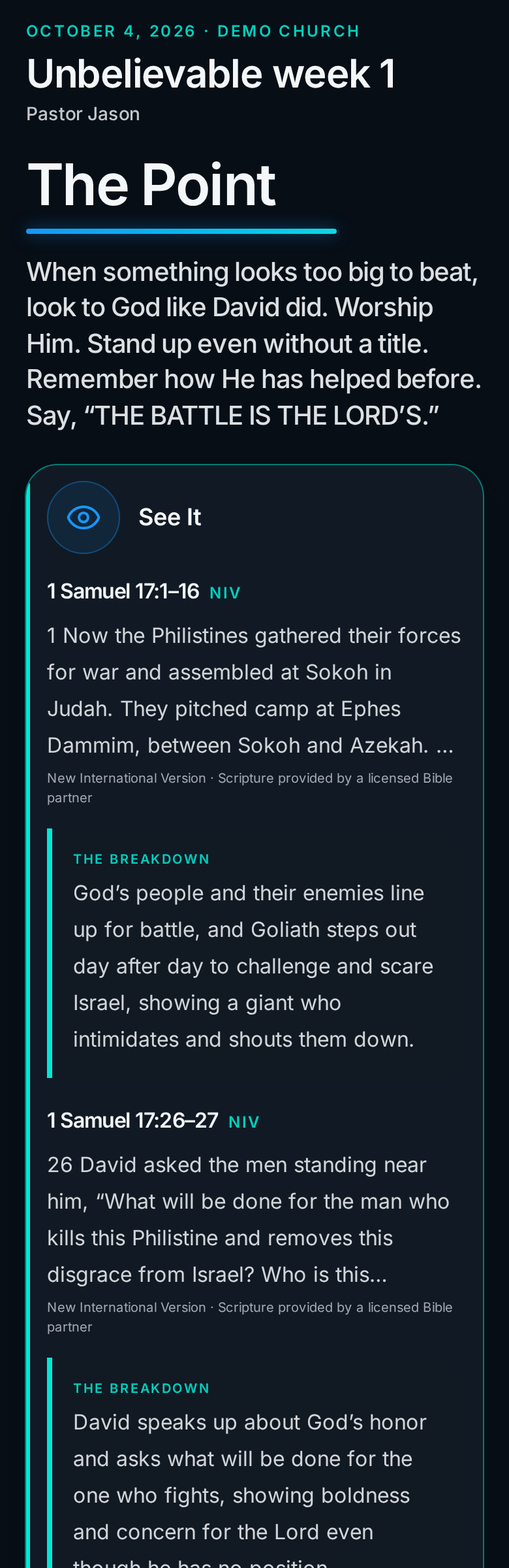 Phone showing the Unbelievable Student Companion: The Point, the See It scripture card for 1 Samuel 17, and The Breakdown in student language