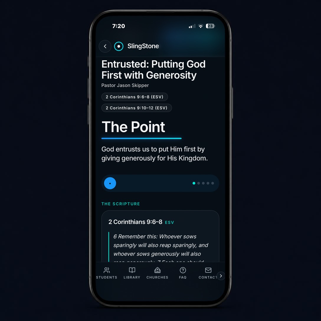 Student view on a device showing The Point, a Point 2 of 4 progress chip and sermon point cards