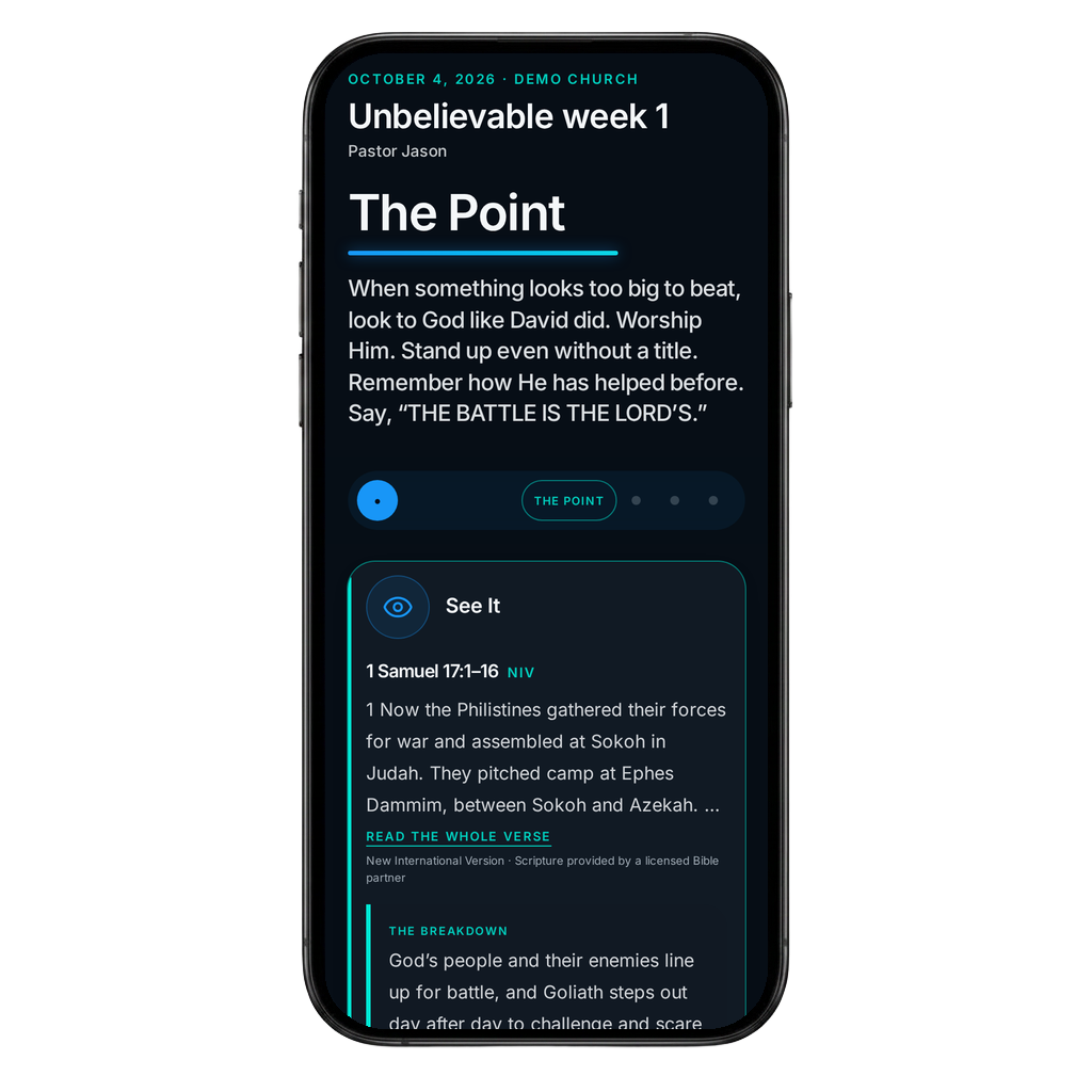 Student view on a phone showing The Point and sermon point cards