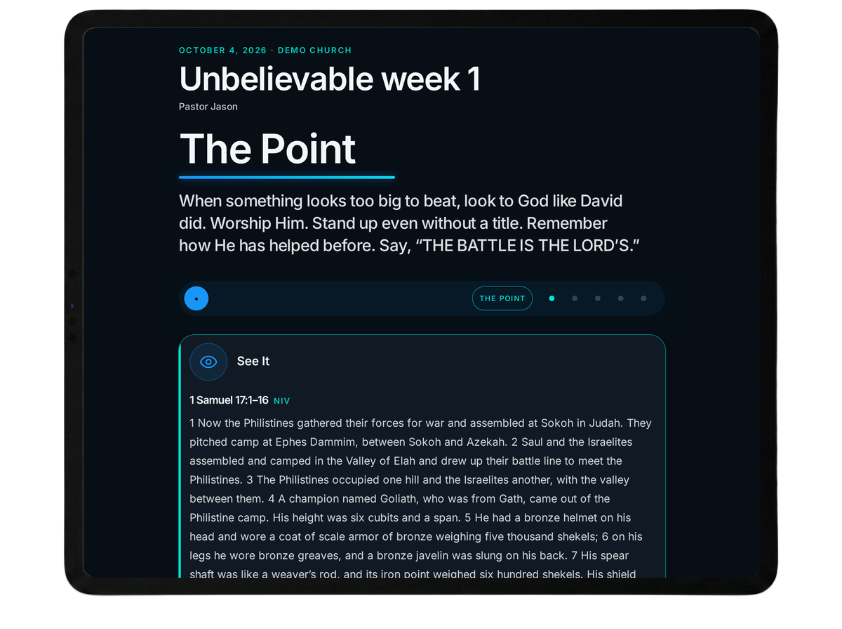 Tablet showing the Student Companion for a sample sermon, opening with The Point